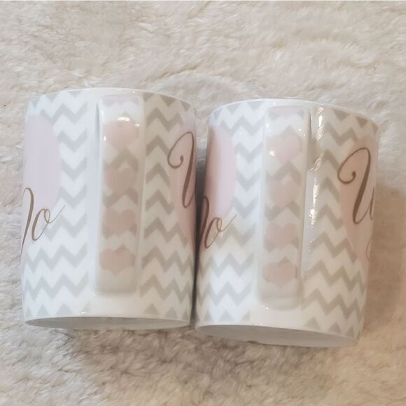 "We Do" Mugs (Set of 2) - White & Gray Chevron-Stripe with Pink Hearts - Picture 4 of 6